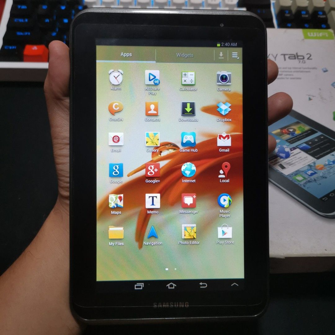 SAMSUNG Galaxy Tab 2 7.0 GT-P3110 | Item Code: 7RJEJ (Category: Android) located in Caloocan City. Submitted by christian.montalban (Listing ID 1249249579, Image 3). Description: SAMSUNG Galaxy Tab 2 7.0 GT-P3110 | Item Code: 7RJEJ Price: P1,799.00 Color: Titanium Silver 16GB ROM | 1GB RAM 7" WSVGA LCD Display 4,000 mAh Li-Ion Non-Removable Battery OS: Android 4.1.2 Issue: NO SD Cap Package: Tablet, Manual, and Box Only.