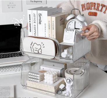 Stackable Transparent Acrylic Desk Organizer Storage Beauty Organizer (Category: Storage Boxes & Baskets) located in Manila. Submitted by winterbliss (Listing ID 1249159143, Image 3). Description: Available colors: Transparent Material: PET Plastic Available sizes: - Small: L:19 W:14.5 H:13 (cm) - Medium: L:32 W:14.5 H:13 (cm) - Small: L:32 W:23.5 H:15 (cm).