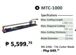 Tile Cutter (Category: Construction Tools & Equipment) located in Manila. Submitted by angiedalu10338 (Listing ID 1249144481, Image 1). Description: Tile Cutter Brand: Maxsell Model: MTC-1000 Max Cutting Length: 1,000mm Max Diamond Cutting : 705mm Max Cutting Thickness: 14mm Blade Diameter: 27mm Price: 5,599 For faster transaction call txt or viber 09948037227 Look for Shane *PRICE MAY CHANGE WITHOUT PRIOR NOTICE *ITEM IS VAT EXCLUSIVE *SUBJECT F