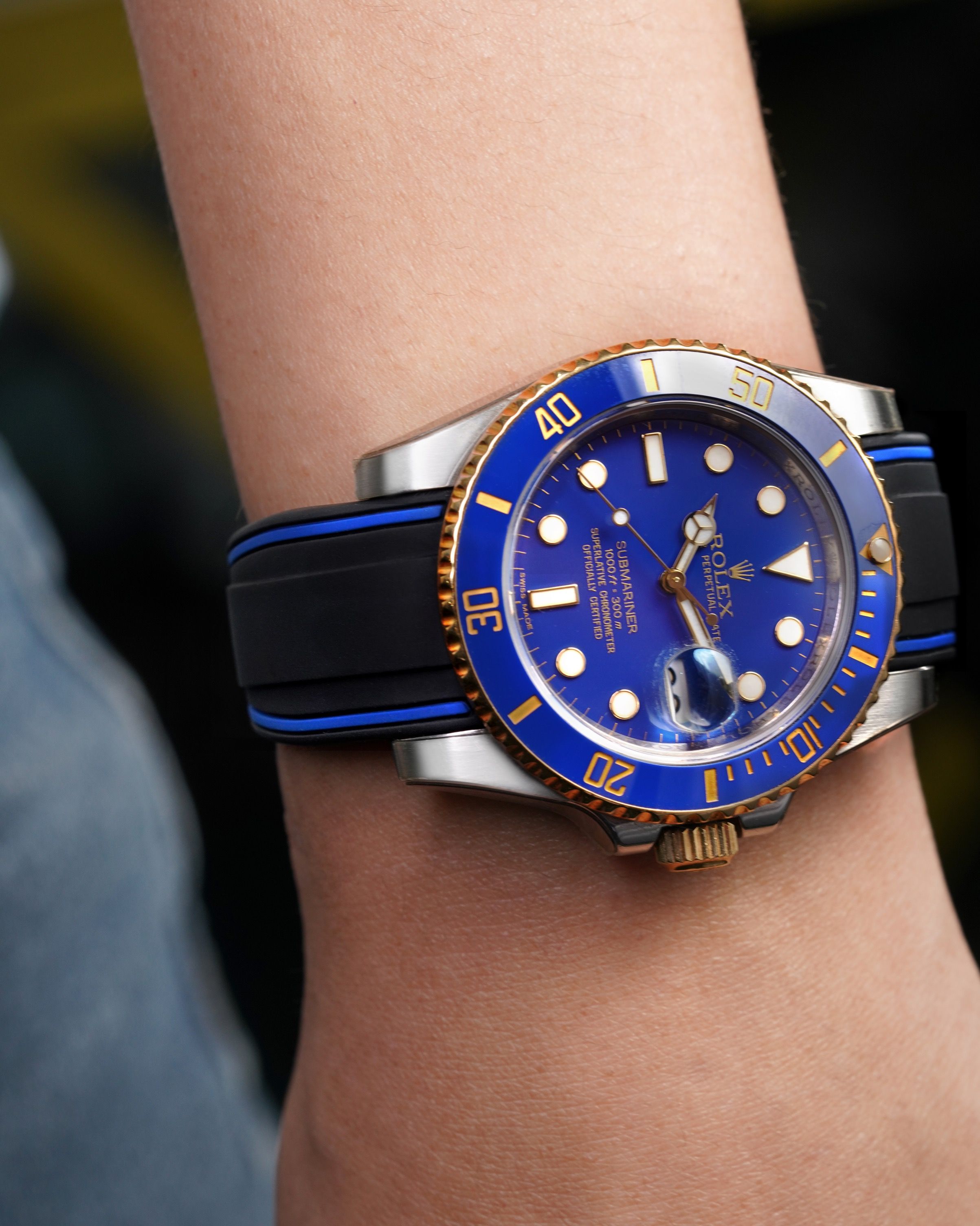Vulcanised FKM Rubber Strap in Black Navy by Solitaire for Rolex Submariner 40MM 116613LB