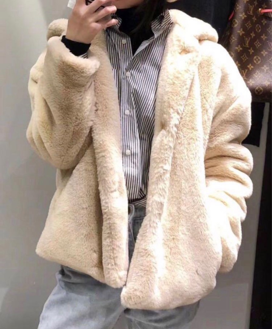 Cream fur coat zara sales