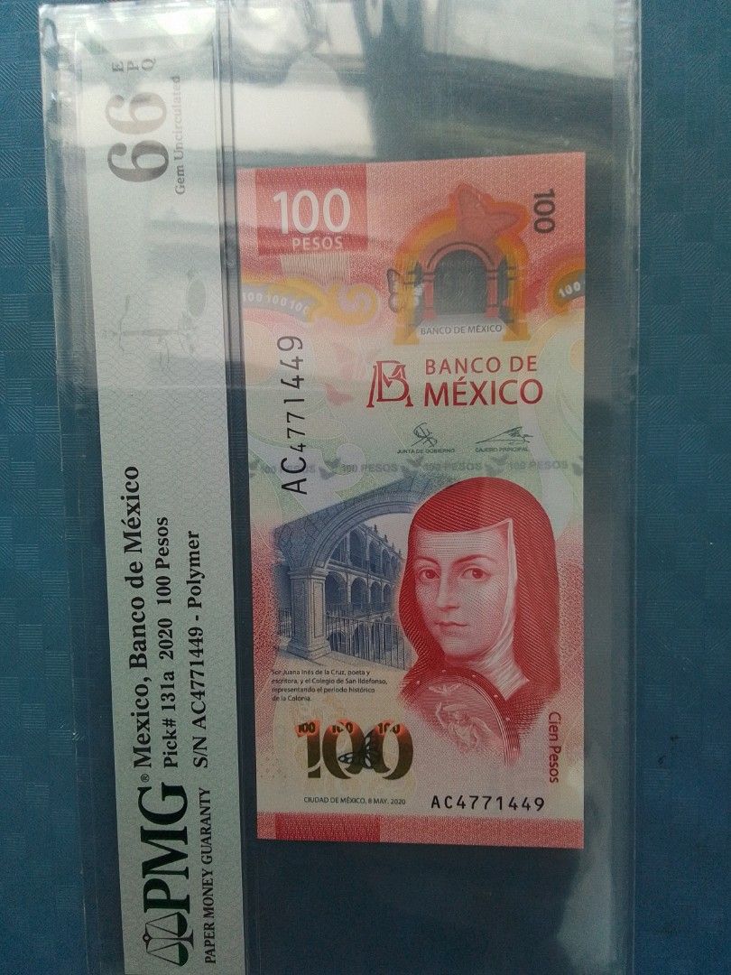 墨西哥2020年全球最美钞票冠軍＄100披索，PMG 66EPQ., 興趣及遊戲, 收藏品及紀念品, 錢幣- Carousell
