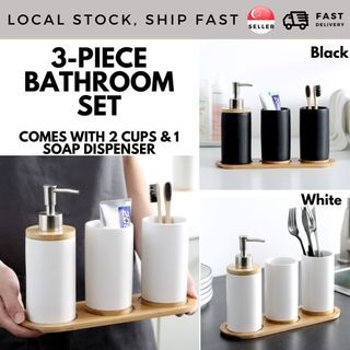 3-Piece Set Ceramic Bathroom Toilet Accessories Set Cup Soap Dispenser and Wooden Tray Scandinavian Style