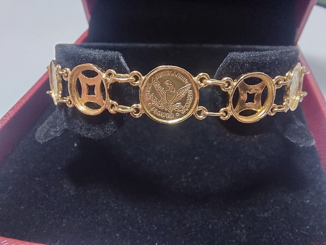 916 Gold 9mm 2 sided chinese/American coin Bracelet 10.71g 18cm, Women's  Fashion, Jewelry u0026 Organisers, Bracelets on Carousell