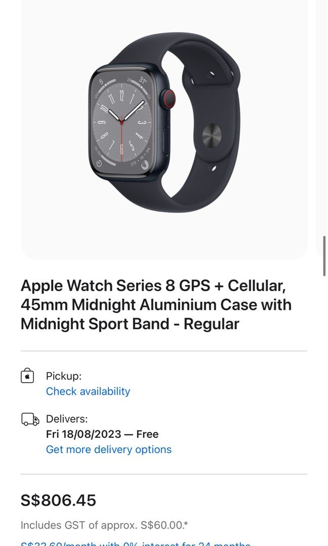 Apple Watch Series 8 GPS Aluminum Midnight Sport Band 45 mm