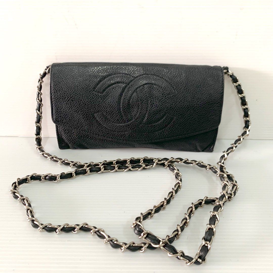 Authentic Chanel Boy Flap Coin Purse With Chain Black Caviar Gold