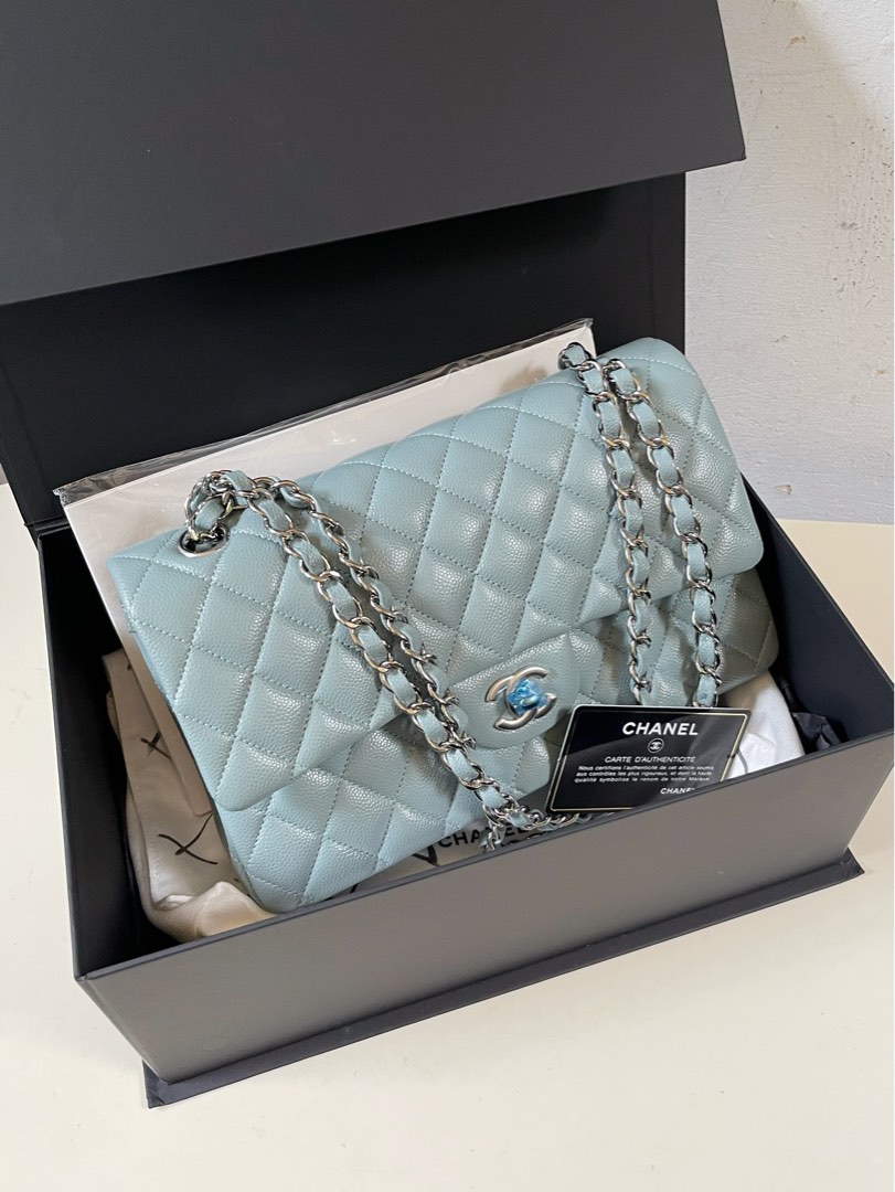 Brand New Chanel 22S Light Blue Quilted Caviar Medium Classic Flap Bag