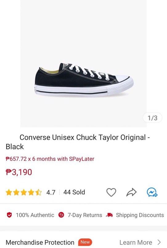 BRAND NEW Converse Chuck Taylor Black (Category: Sneakers) located in Quezon City. Submitted by lovesadhappy (Listing ID 1246552158, Image 3). Description: ‼️FOR SALE‼️ Want to sell: CONVERSE UNISEX CHUCK TAYLOR ORIGINAL - BLACK MINT CONDITION (never been used) PURCHASED FROM CONVERSE OFFICIAL STORE Size: US 6.5 MEN / US 8.5 WOMEN / UK 6.5 / 25CM PRICE: 2400PHP FREE SHIPPING WITHIN METRO MANILA MOP: GCASH/MAYA/BDO/BPI RFS: too big for me :(.