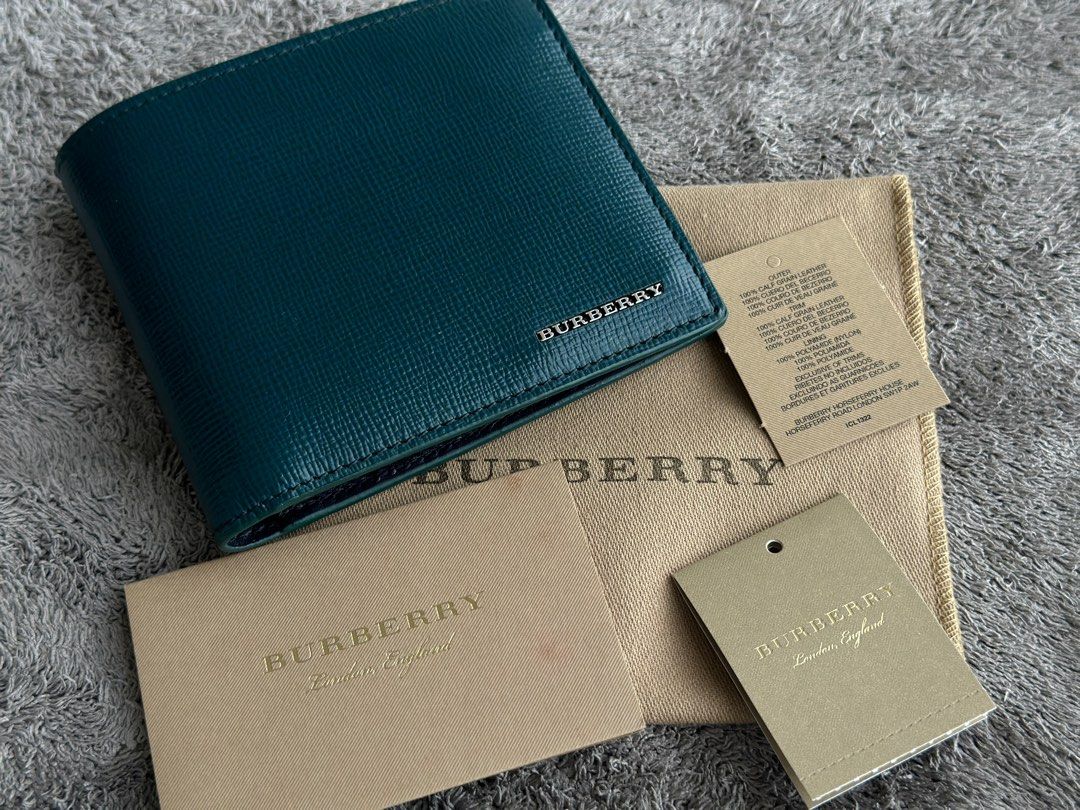 Burberry Grained Leather Bifold Wallet Mineral Blue