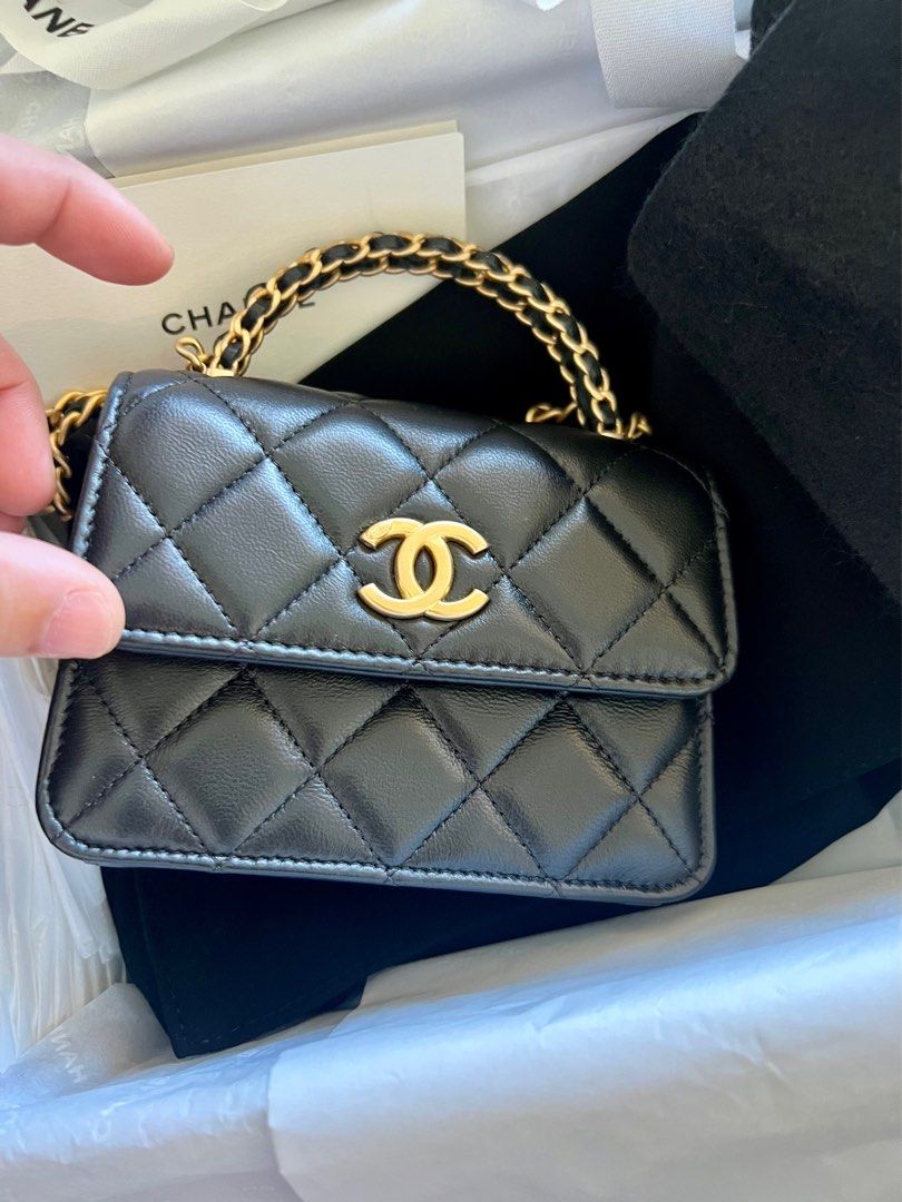 Chanel Black Lambskin Top Handle Chain Mini Vanity Case Kelly Flap Gold  Hardware (G2LJT31J)