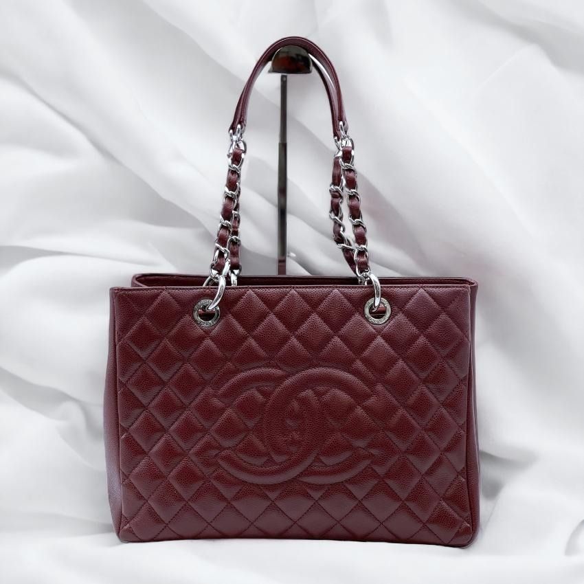 Chanel GST Tote in caviar leather in burgundy red and silver tone