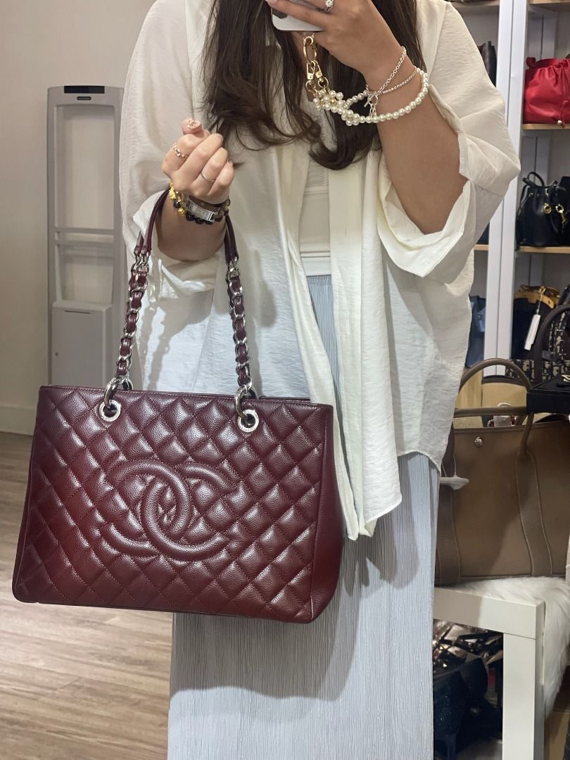 Chanel GST Tote in caviar leather in burgundy red and silver tone