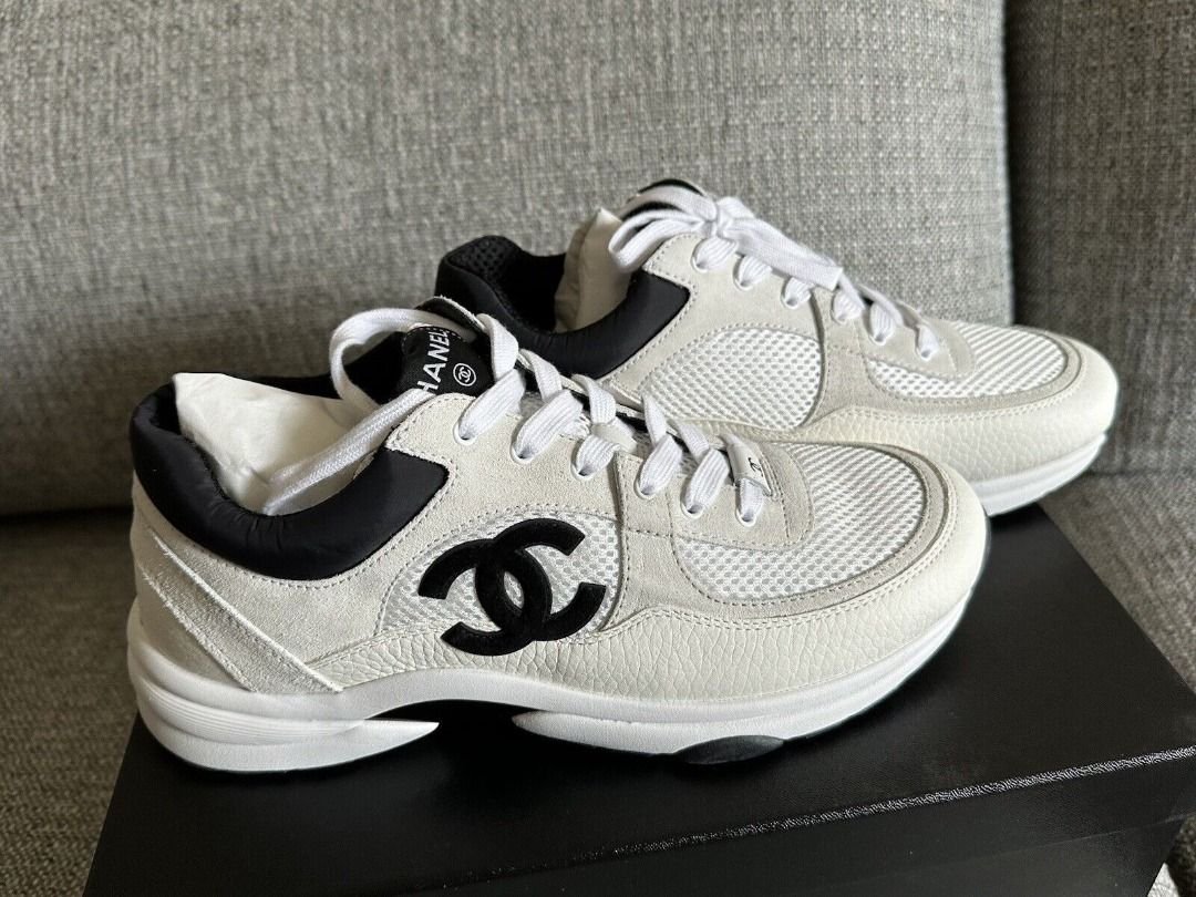 Chanel New Black White CC Logo Grained Calfskin Leather Suede Mesh