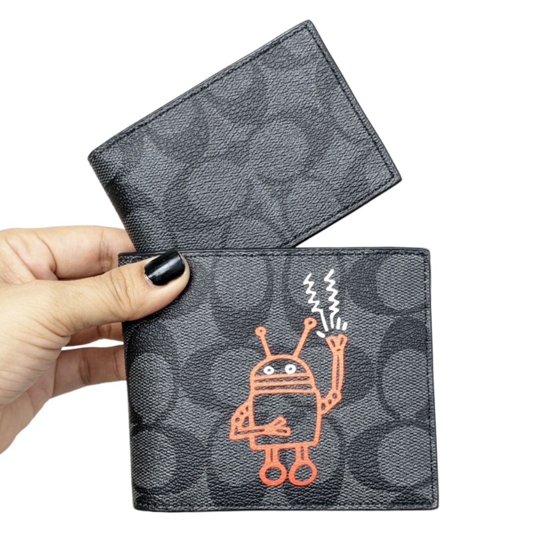 Coach 3 In 1 Wallet In Signature Canvas With Robot Print Men Folding Wallet Purse