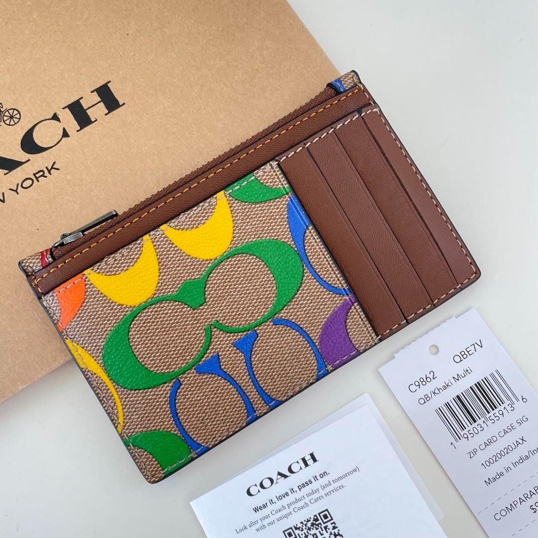 Coach Zip Card Case In Rainbow Signature Canvas (Brown) (Women Men