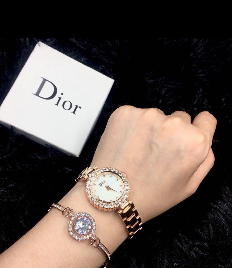 Dior Rhinestones watch Bracelet gift set Rose Gold Women s