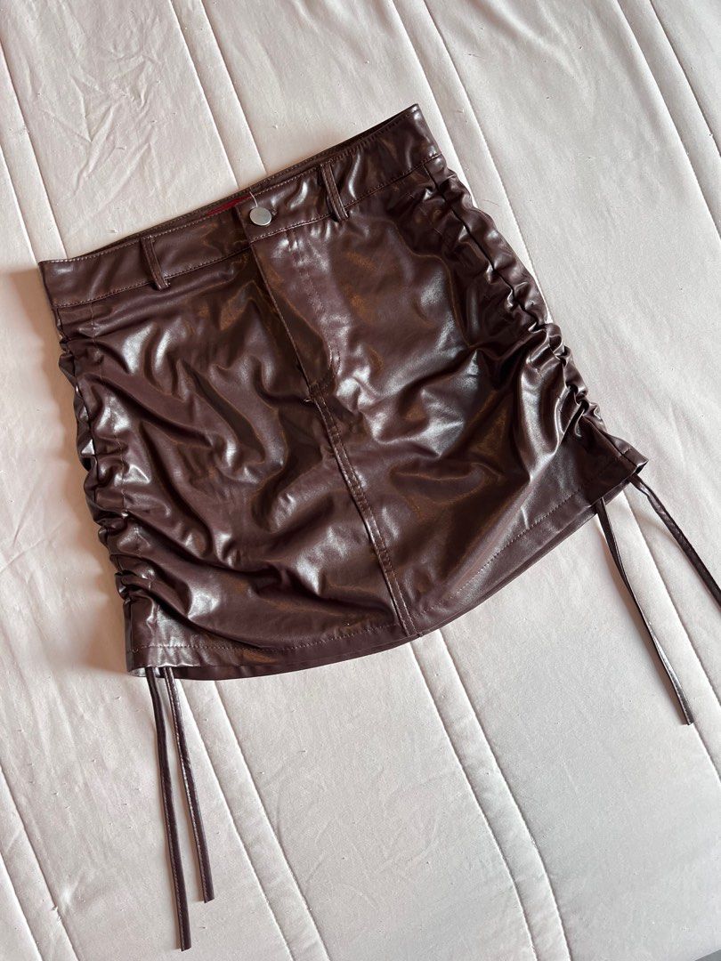 Set Top Drawstring Front PU Leather Skirt Women s Fashion