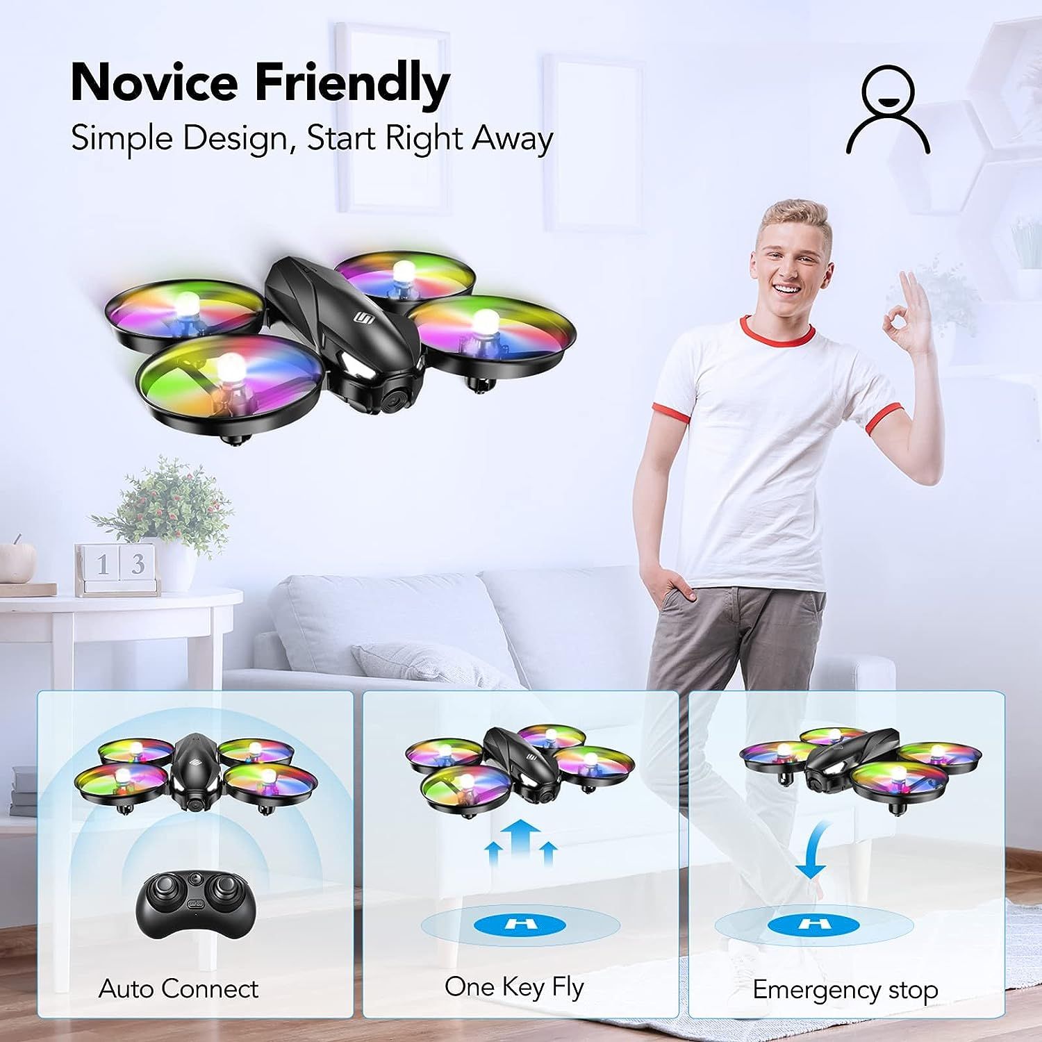 Drone for Kids, RC Drone for Toy with Colorful LED Lights, 3 Speeds, 3D
