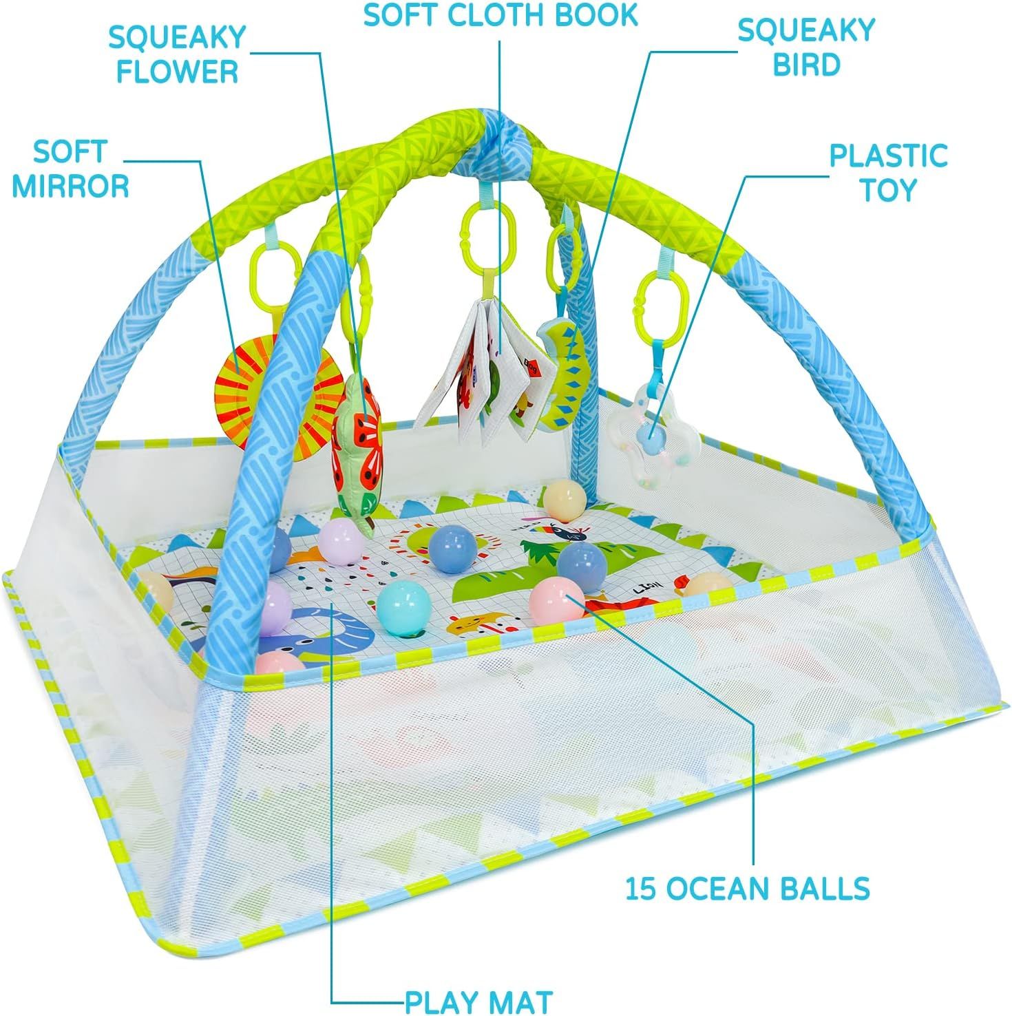 Dr.Rapeti Baby Play Gym Mat with Ball Pit Activity Gym Center Tummy Time Mat Thickened Mat Sensory Exploration Motor Skill Development for Newborn