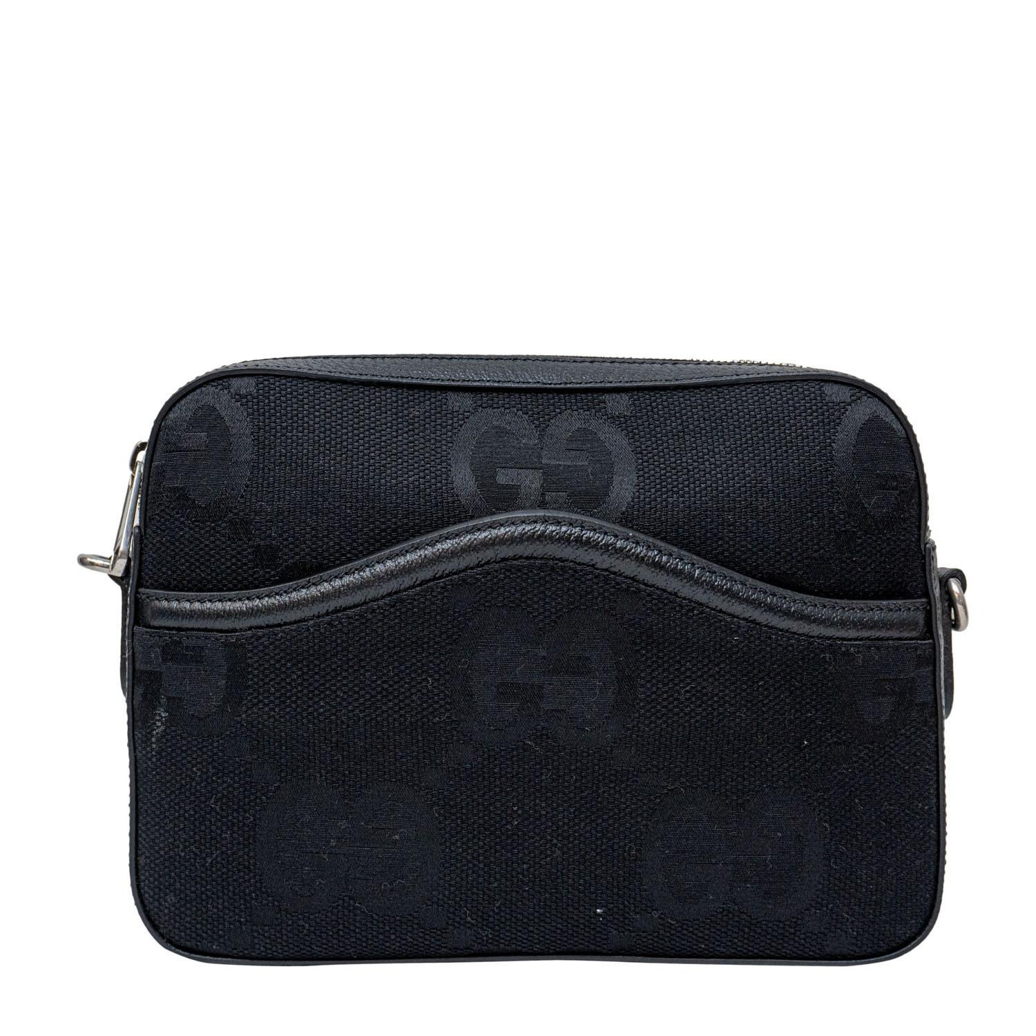 Gucci Black Leather and Logo Canvas Cross Body Handbag 1980s