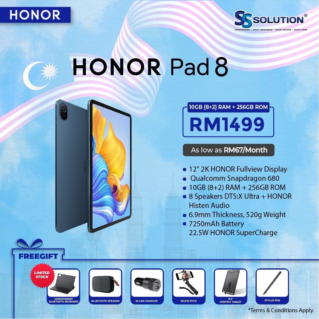 Honor Pad 8 | WIFI (10GB (8+2) + 256GB) - Original Malaysia Set