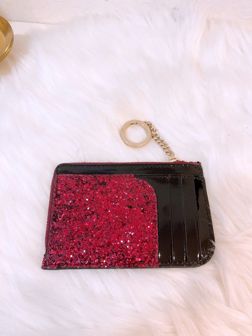 Kate Spade New York Odette Glitter Medium L Zip Card Holder Wallet Red
