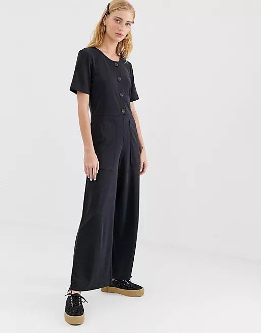 Monki short sleeve wide leg jumpsuit in dark grey Women s Fashion