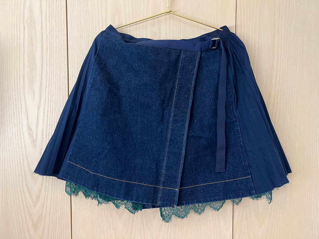Sacai denim wrap skirt with lace and pleated Carousell