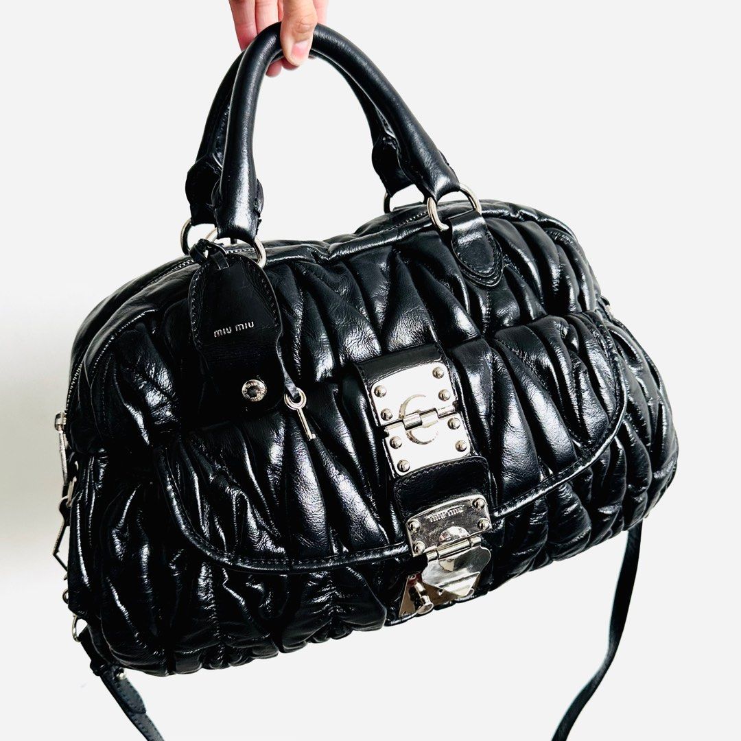 Miu Miu Matelasse Gaufre Gray Leather Bag Bowler Shoulder Handbag Satchel  Purse