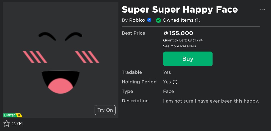 SUPER SUPER HAPPY Face Roblox Limited (Clean + Fast Delivery Read  Description) $325.00 - PicClick