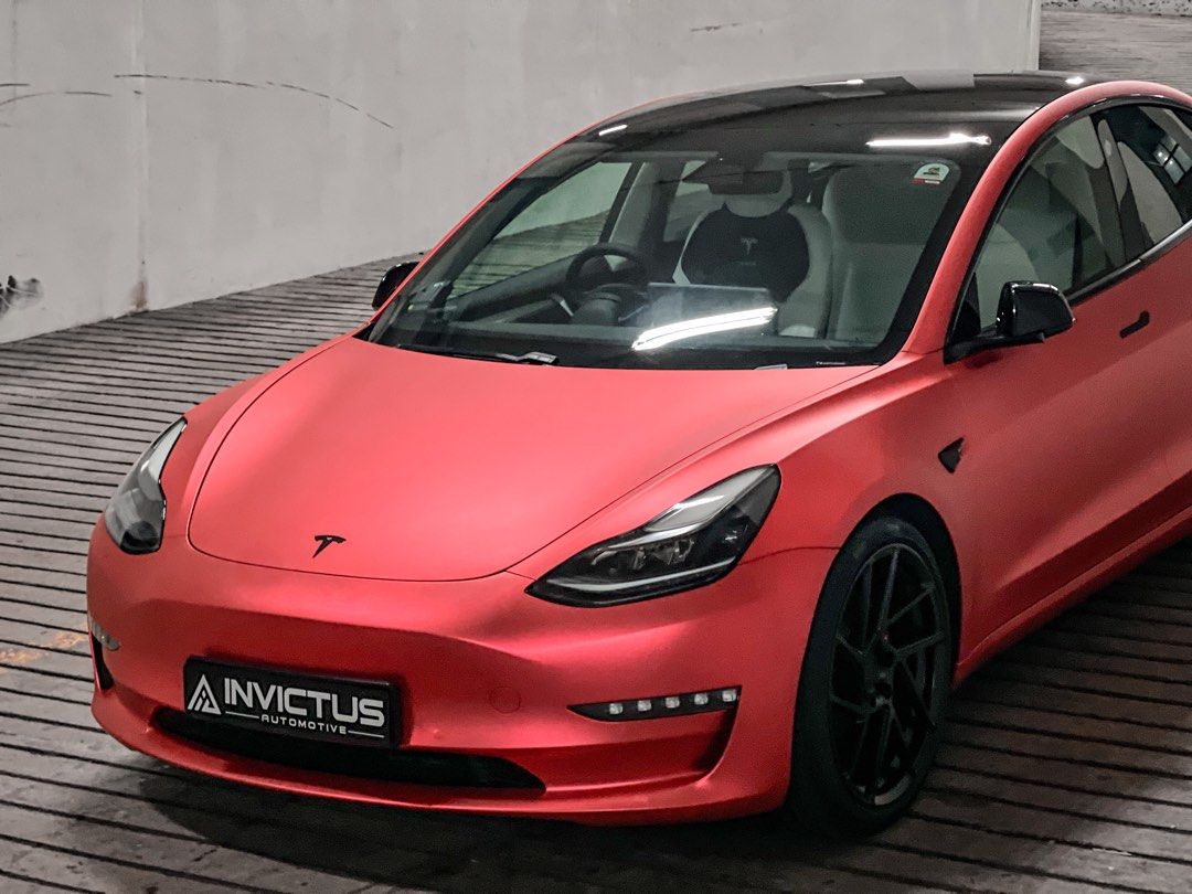 Tesla Model 3 Wrapped Matte Metallic Chrome Red Car Accessories Car Workshops Services on Carousell