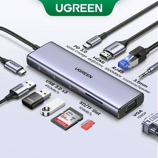 UGREEN Hub 10-in-1 Hub USB C Hub HDMI VGA Adapter 4k 30Hz USB C to USB 3.0 100W Fast Charging Dock For Macbook Pro Support SD TF Card and 1000Mbps Gigabit RJ45 Port
