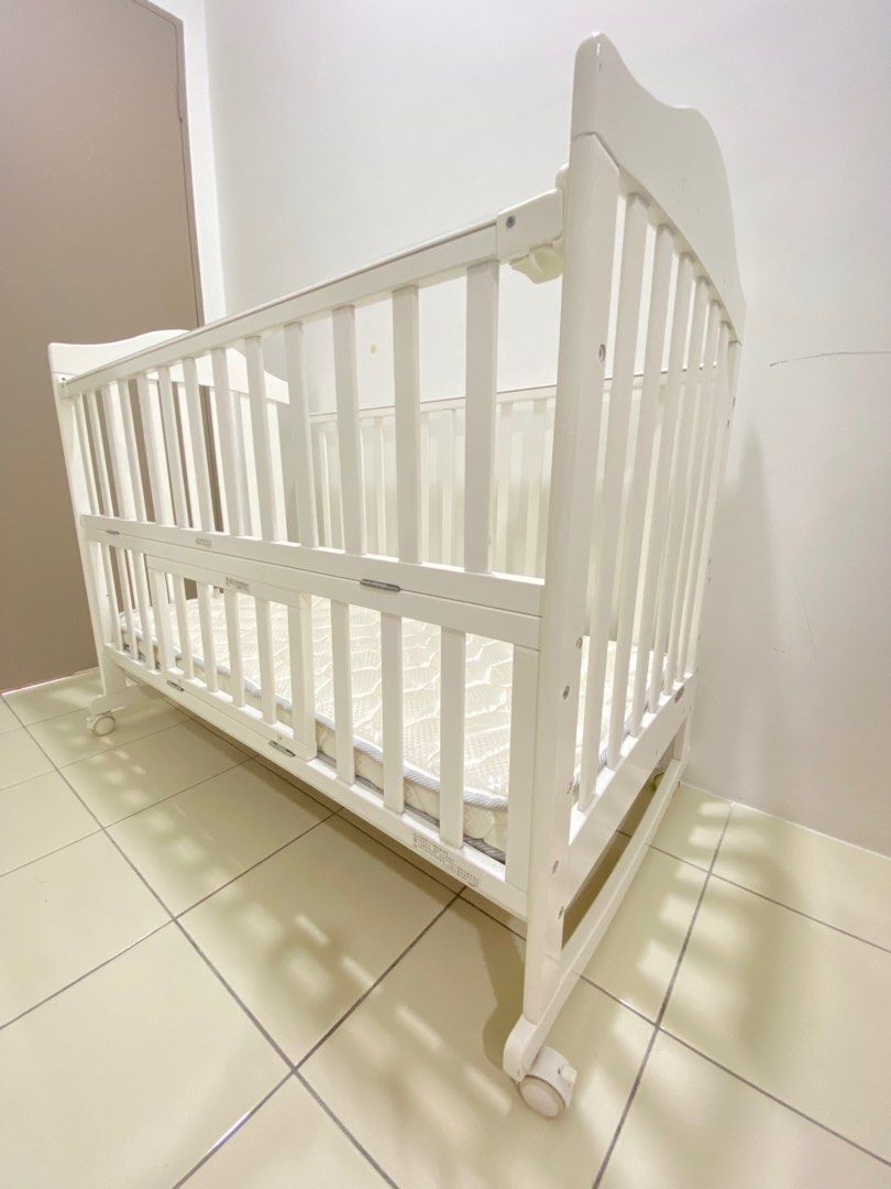 Wooden Baby Cot with Height Adjustable Layer + Mattress, Babies & Kids