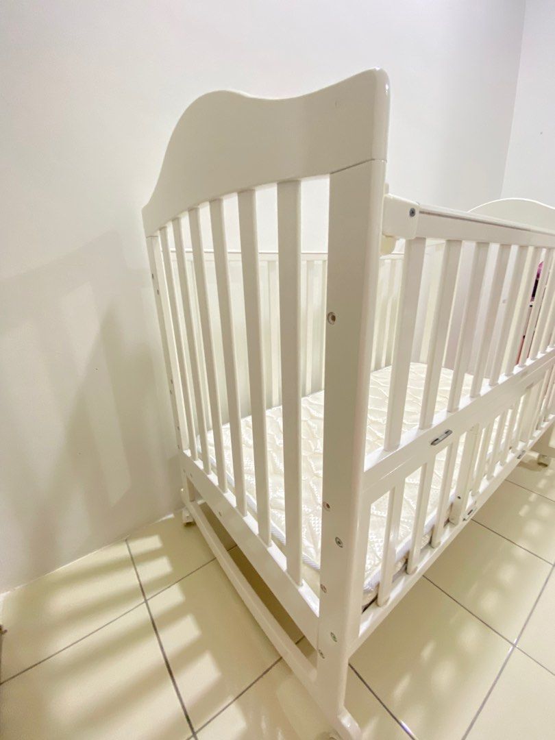 Wooden Baby Cot with Height Adjustable Layer + Mattress, Babies & Kids