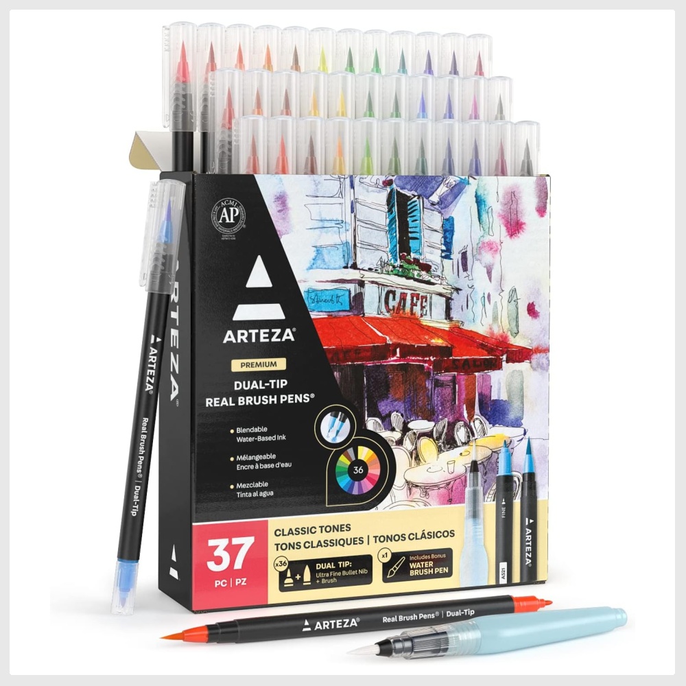 Arteza Real Brush Pens, 36 Dual-Tip Watercolor Markers with