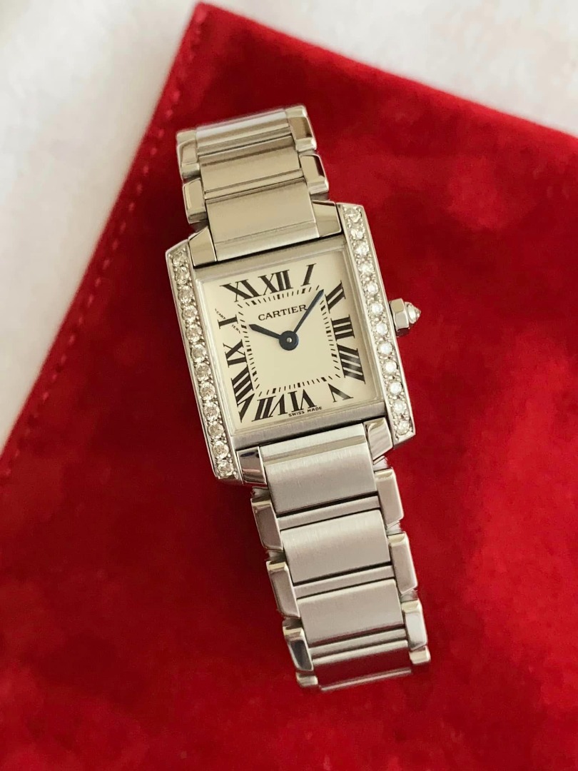 CARTIER Tank Française Silver Grained Diamonds Roman Dial Steel Small ...