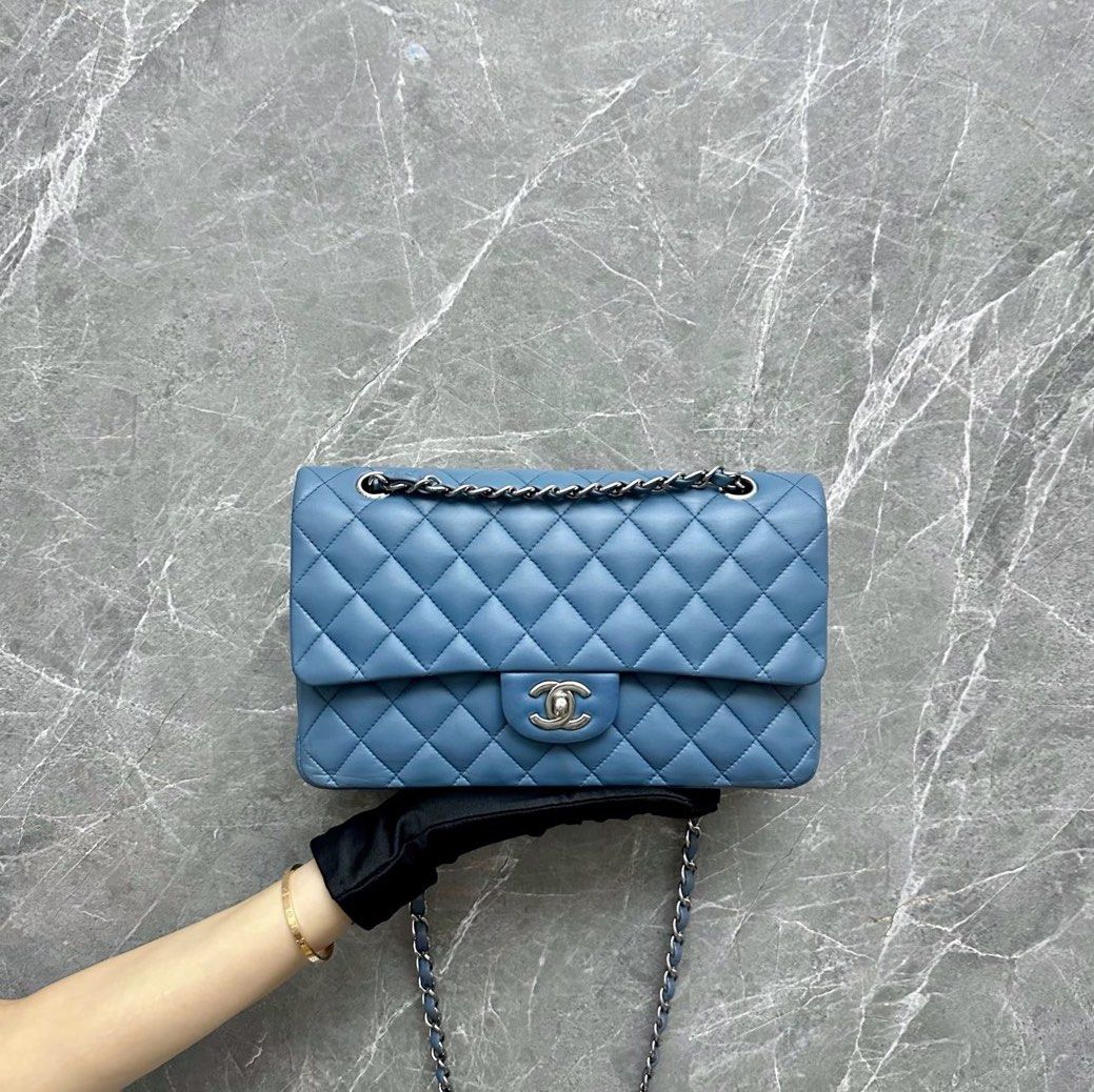 Chanel Medium Classic Double Flap Lambskin Haze Blue SHW No 17, Luxury,  Bags & Wallets on Carousell