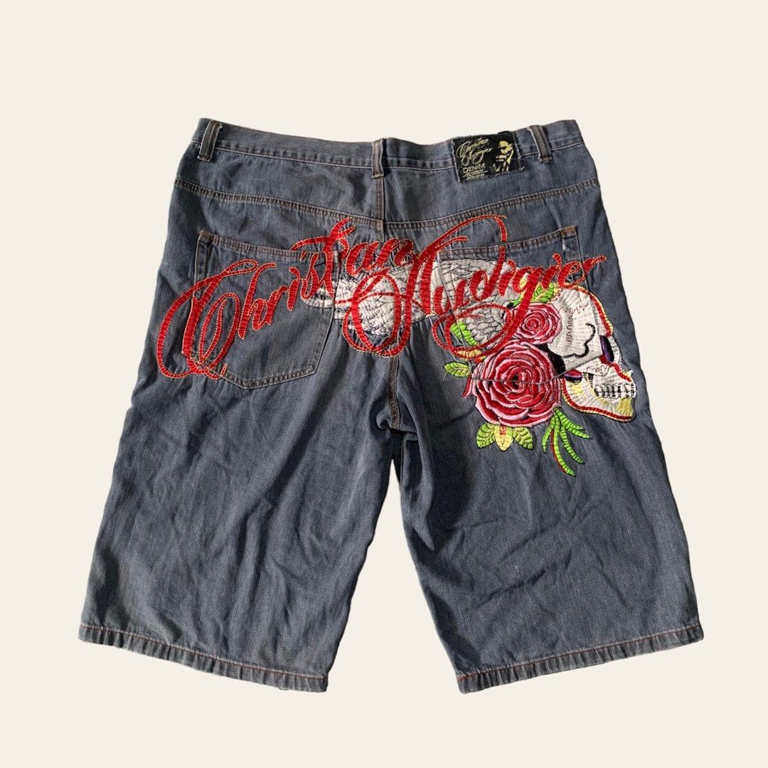 CHRISTIAN AUDIGIER FLYING SKULL ROSES EMBROIDERED SHORT Men s