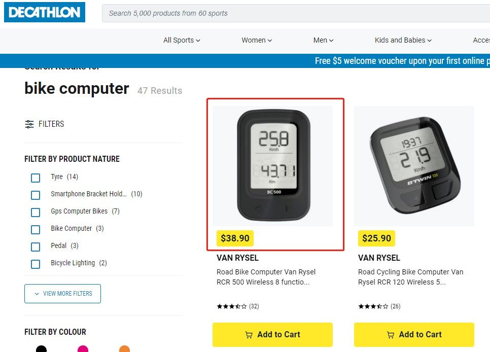 Decathlon Road Bike Computer Van Rysel RCR 500 Wireless 8 functions