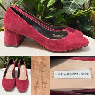 Diane von Furstenberg Women's Suede Block Heels Burgundy 2 Inches - Diane Von Furstenberg Heels - DVF 'Brenda' block heels - Velvet Red Shoes - DVF heeled shoes - Size EUR 37