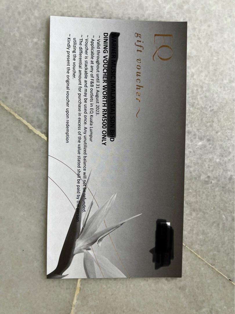 EQ Kuala Lumpur Gift Voucher Worth RM500, Tickets & Vouchers, Vouchers