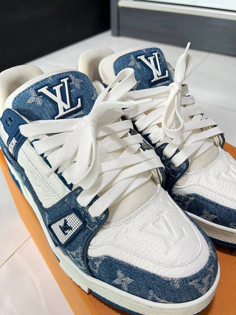 Louis Vuitton Blue/White Leather and Denim LV Trainer Sneakers Size 44 Louis  Vuitton