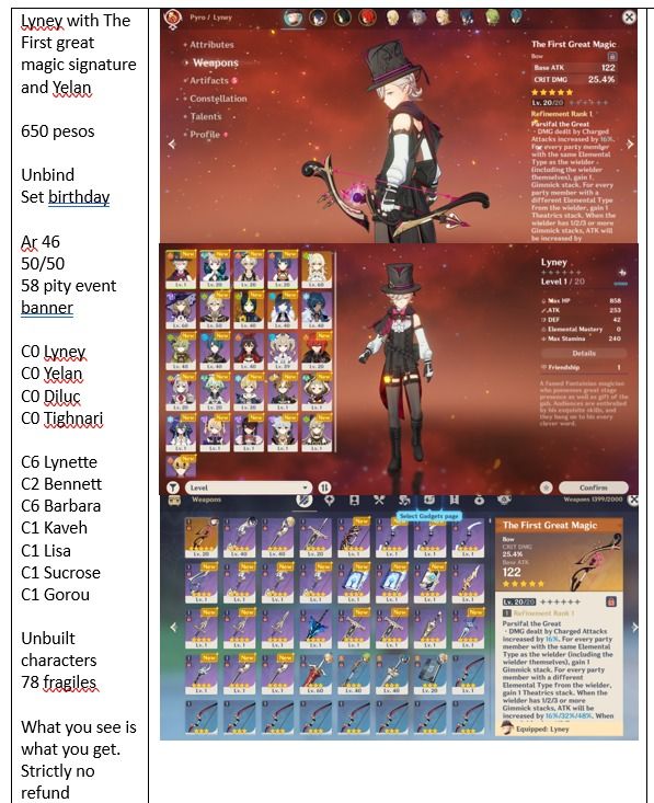 Genshin Impact account Lyney with The First great magic signature and ...