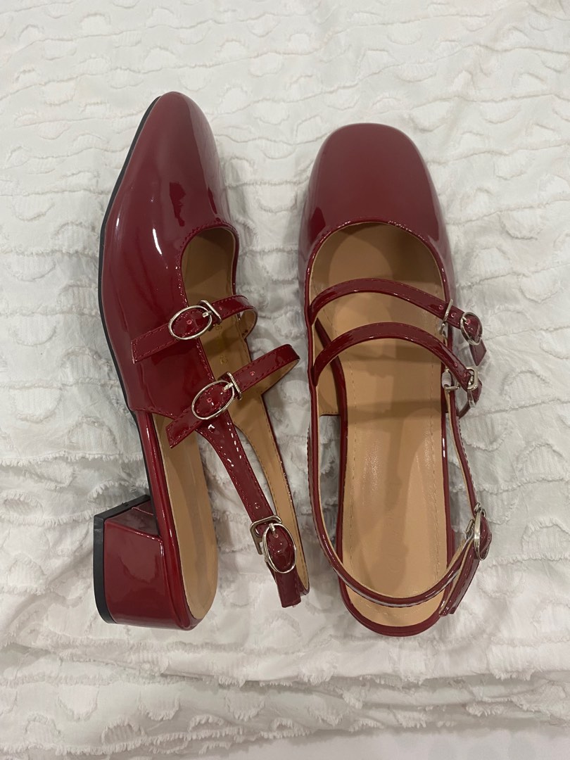 mary jane red maroon heels with straps from shein, Women's Fashion ...