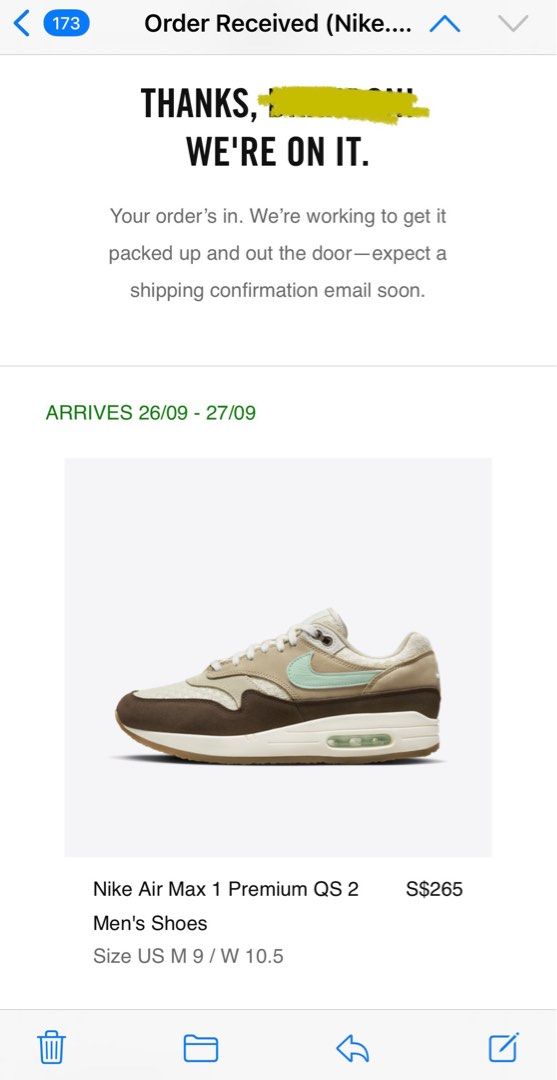 Nike Air Max 1 PRM Crepe Hemp US 9 Men s Fashion Footwear
