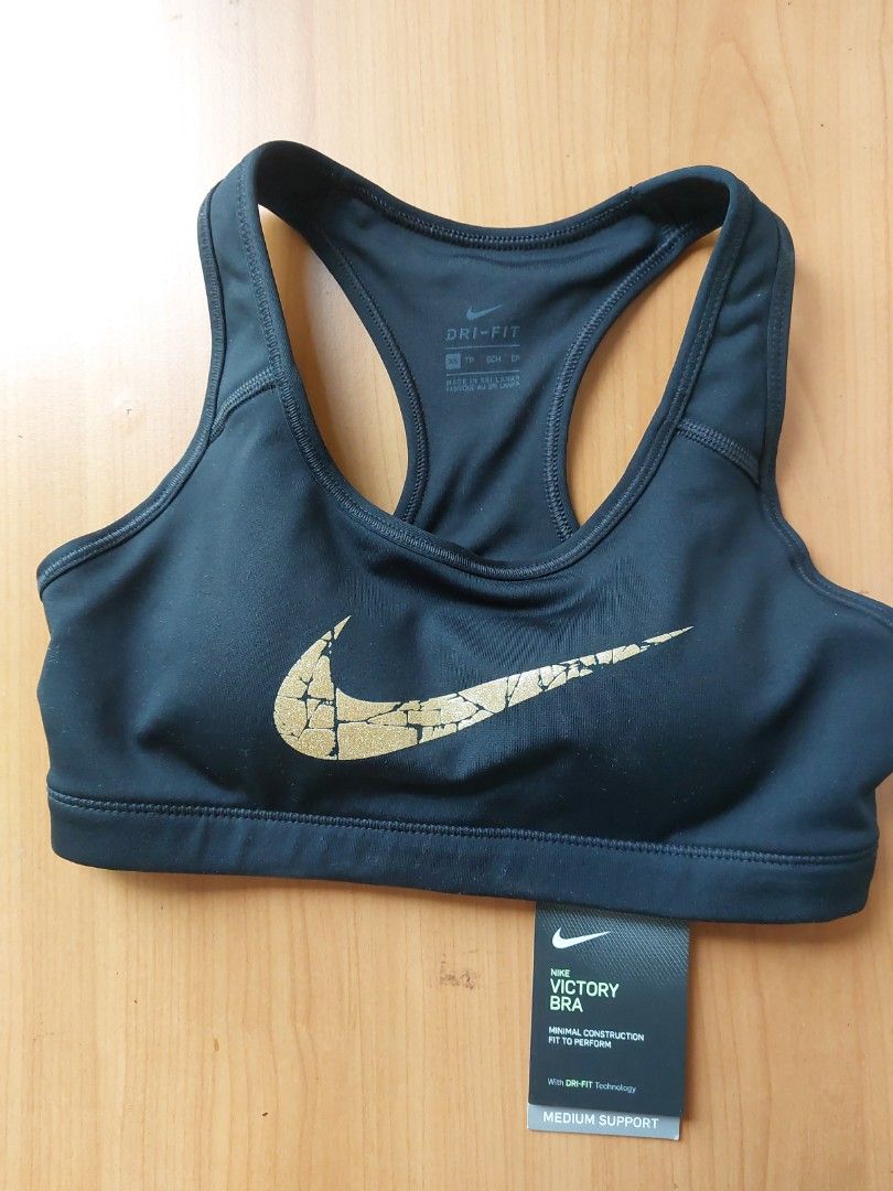 NWT Nike Victory Medium Support Womens Sports Bra Black Gold Logo