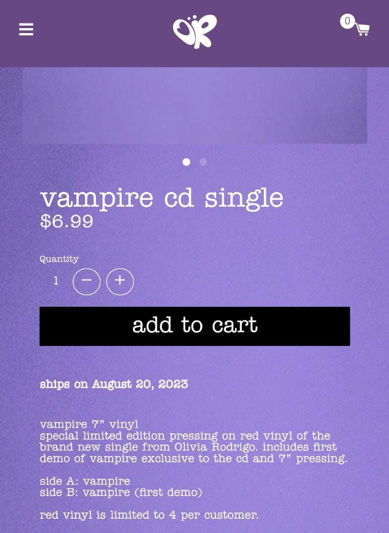 Olivia Rodrigo Vampire 7” Vinyl Limited Edition SOLD OUT - PREORDER - Music