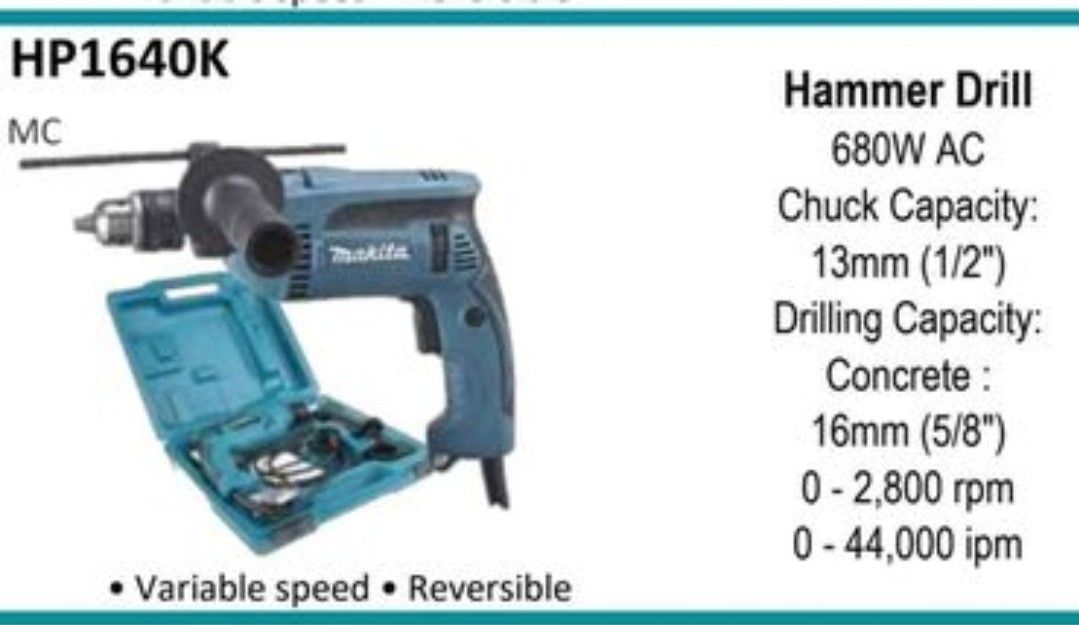 ORIGINAL MAKITA HP1640K HAMMER DRILL (Category: Construction Tools & Equipment) located in Manila. Submitted by tonpornel (Listing ID 1249512221, Image 1). Description: Ton-Pornel Mercantile • We supply Powertools, Hardware tools, Plumbing, Paints, Electrical and Construction materials • We offer Paint Mixing and Powertools Repair Visit us: 38 Marcos Highway, Mayamot, Antipolo City https://maps.google.com/?cid=1384230075759805792&entry=gps Store 