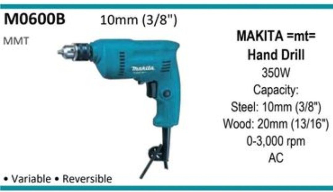 ORIGINAL MAKITA M0600B HAND DRILL (Category: Construction Tools & Equipment) located in Manila. Submitted by tonpornel (Listing ID 1249511804, Image 1). Description: Ton-Pornel Mercantile • We supply Powertools, Hardware tools, Plumbing, Paints, Electrical and Construction materials • We offer Paint Mixing and Powertools Repair Visit us: 38 Marcos Highway Mayamot, Antipolo City https://maps.google.com/?cid=1384230075759805792&entry=gps Store hour