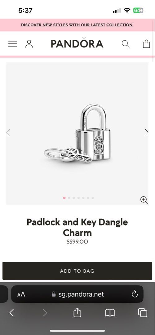 Padlock and Key Dangle Charm, PANDORA